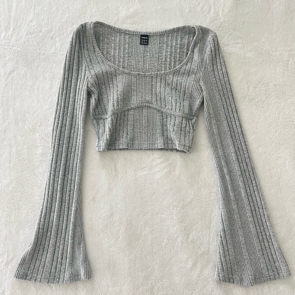 light gray flared long sleeved crop top-XS SHEIN